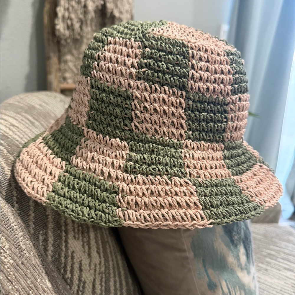 Straw Checkerboard Bucket Hat - Pink & Olive Green